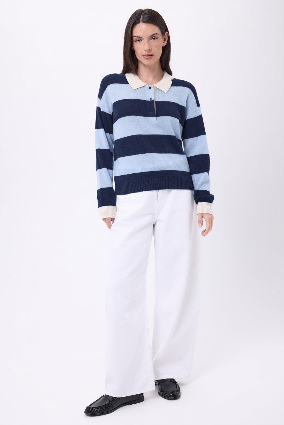 Pull Col Polo À Rayures Anja - Bleu Ciel Bleu Marine - Femme - 100% Cachemire