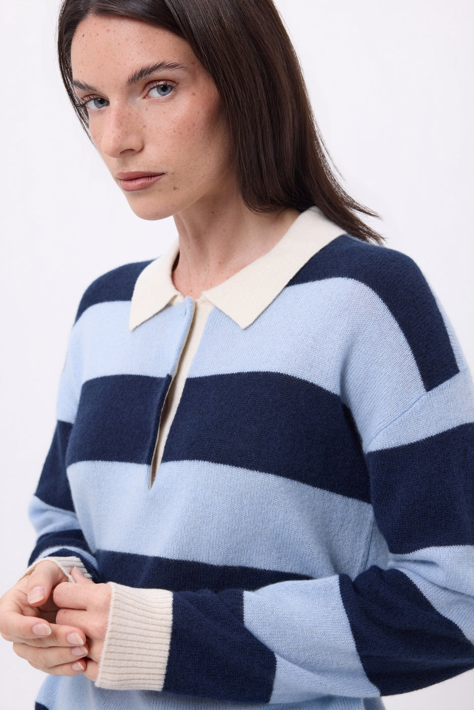 Pull Col Polo À Rayures Anja - Bleu Ciel Bleu Marine - Femme - 100% Cachemire
