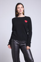 Pull Col Rond Cœur Pompon Anubis - Noir Rouge - Femme - 100% Cachemire