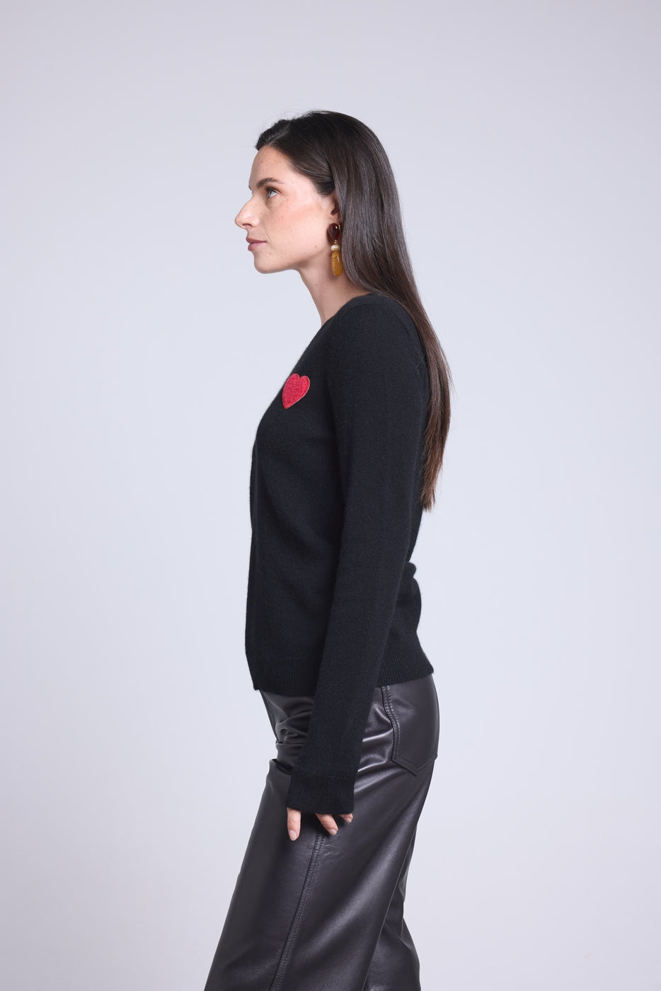 Pull Col Rond Cœur Pompon Anubis - Noir Rouge - Femme - 100% Cachemire