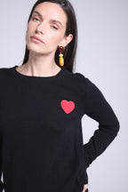 Pull Col Rond Cœur Pompon Anubis - Noir Rouge - Femme - 100% Cachemire