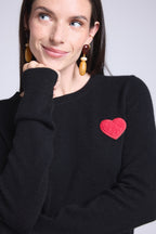 Pull Col Rond Cœur Pompon Anubis - Noir Rouge - Femme - 100% Cachemire