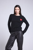 Pull Col Rond Cœur Pompon Anubis - Noir Rouge - Femme - 100% Cachemire