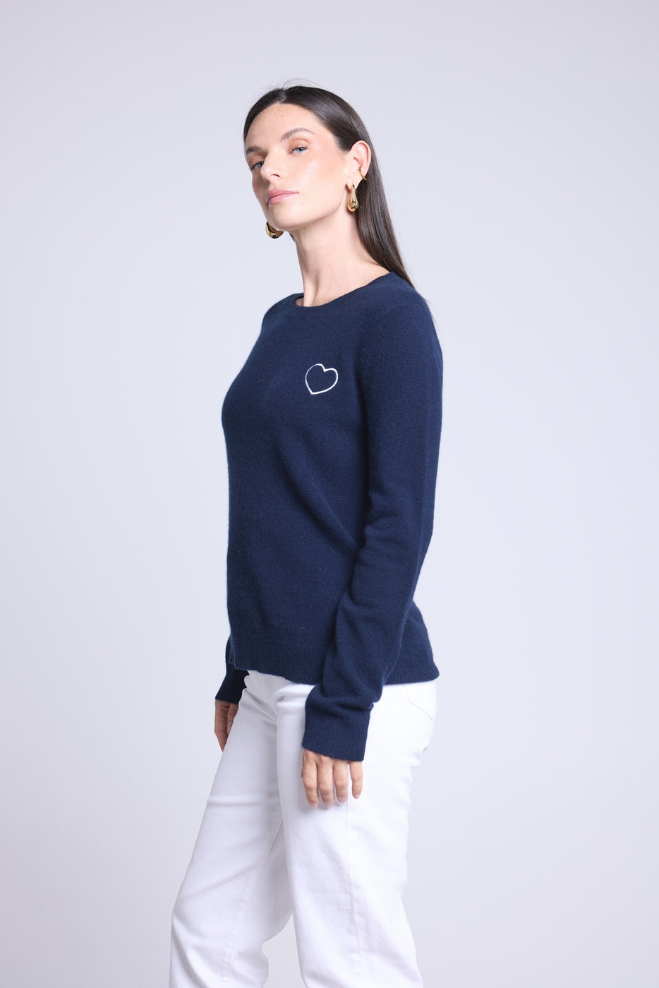 Rundhalspullover Herzstickerei Anubis – Marineblau Weiß – Damen – 100 % Kaschmir