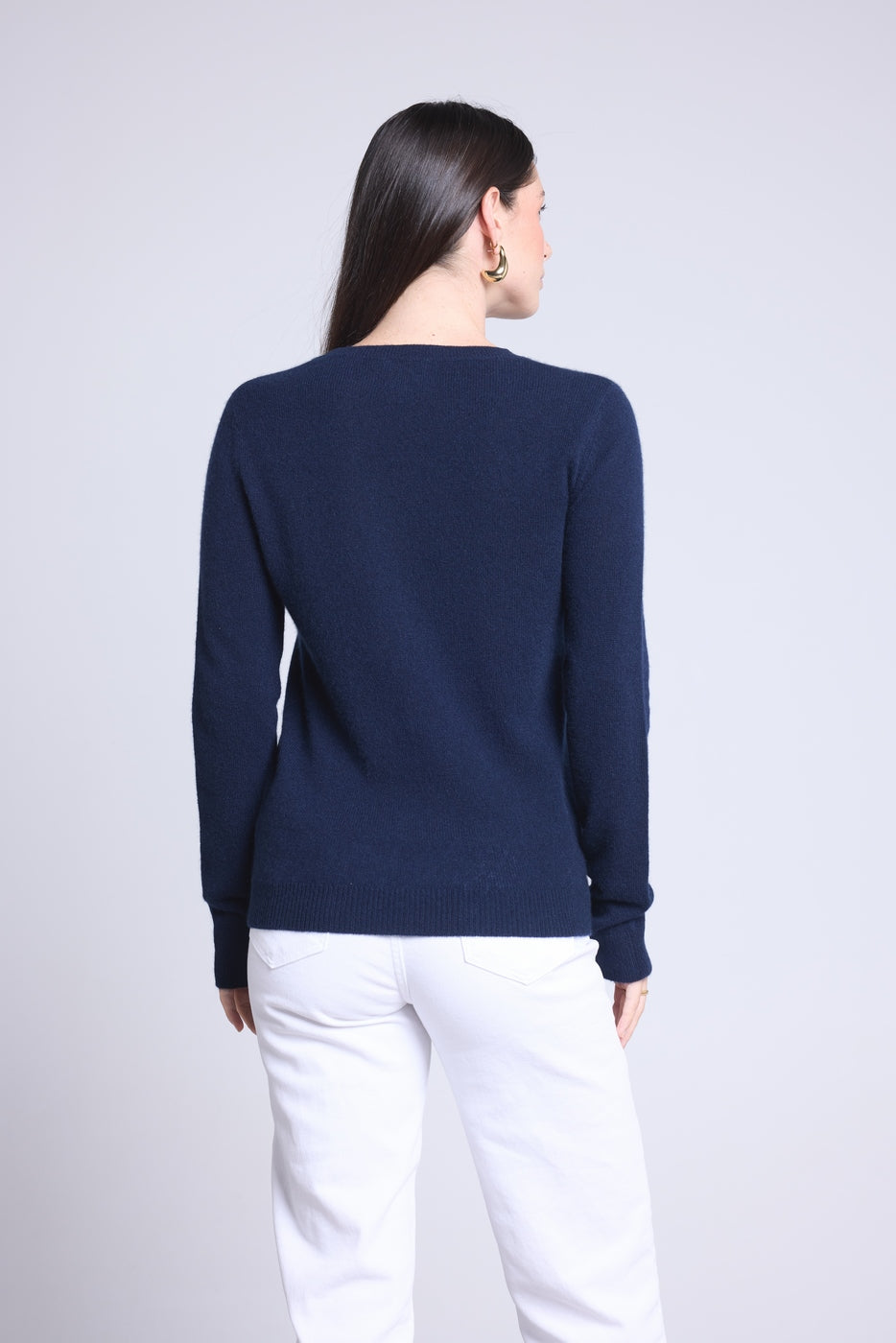 Rundhalspullover Herzstickerei Anubis – Marineblau Weiß – Damen – 100 % Kaschmir