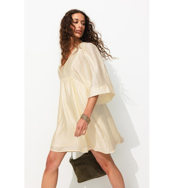 Short Embossed Satin Dress - Plain Light Natural