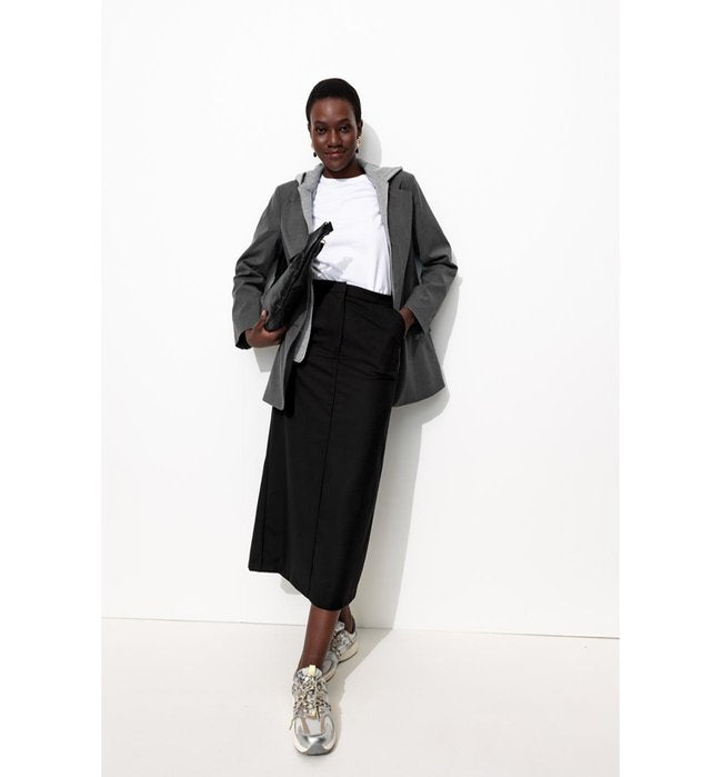 Mujer Falda midi con abertura, Color liso, Negro oscuro