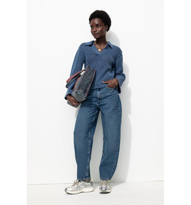 Women's Polo Collar Cotton Sweater - Plain Dark Blue