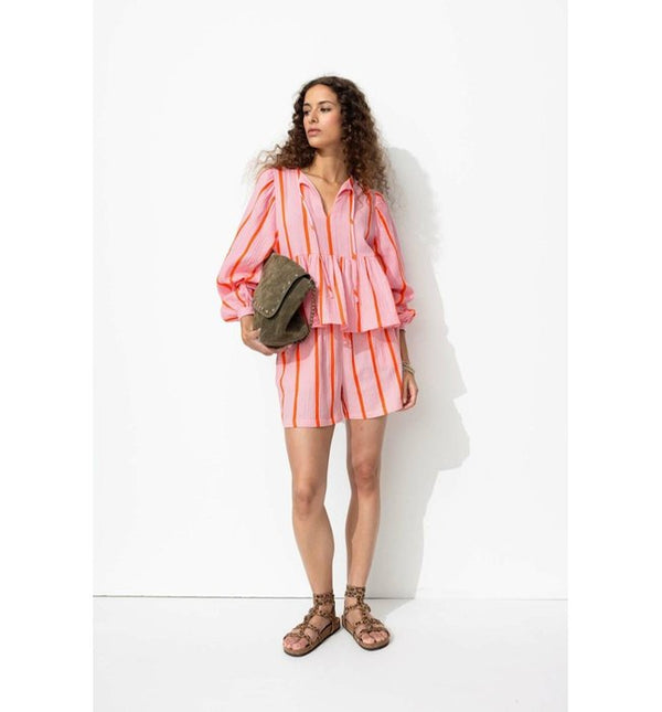 Shorts De Gasa De Algodón A Rayas - Rosa A Rayas