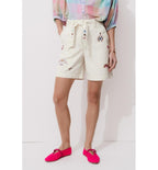Shorts De Lona De Sarga Bordados - Natural Claro Liso