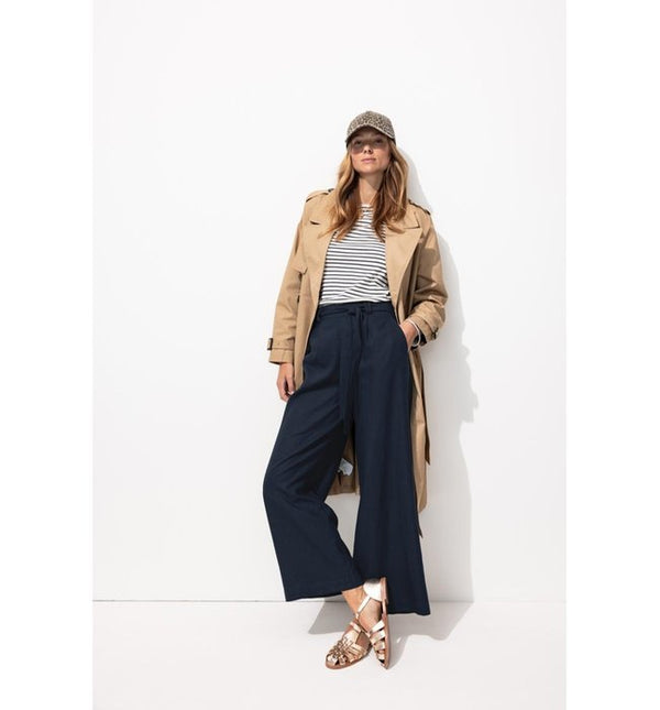 Pantalón Ancho De Mezcla De Lino - Azul Oscuro Liso