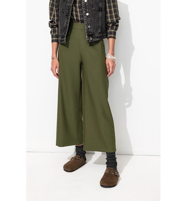 Wide Cropped Trousers - Plain Dark Khaki