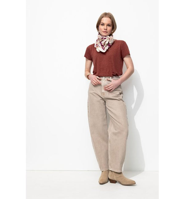 Camiseta Mujer Mezcla De Lino Un Color Marrón Oscuro