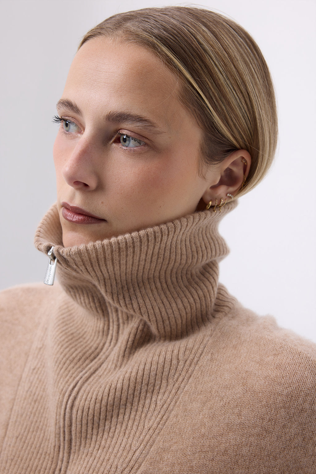 Jersey de Cuello Alto Grande con Cremallera F Ashka - Beige Crema - Mujer