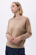 Striktrøje med rund hals og guldknapper Aspen - Beige creme - Dame