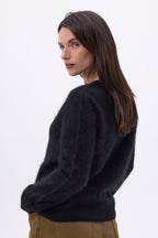 Cardigan Col Rond – Cachemire Brossé Atlas - Noir - Femme