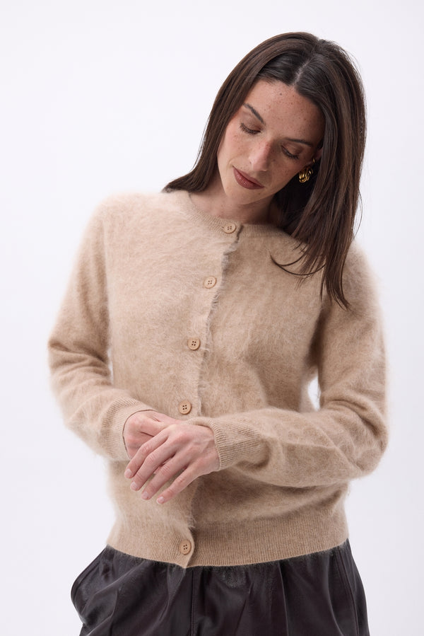 Cardigan girocollo – Cashmere spazzolato Atlas - Beige crema - Donna - 100% cashmere spazzolato