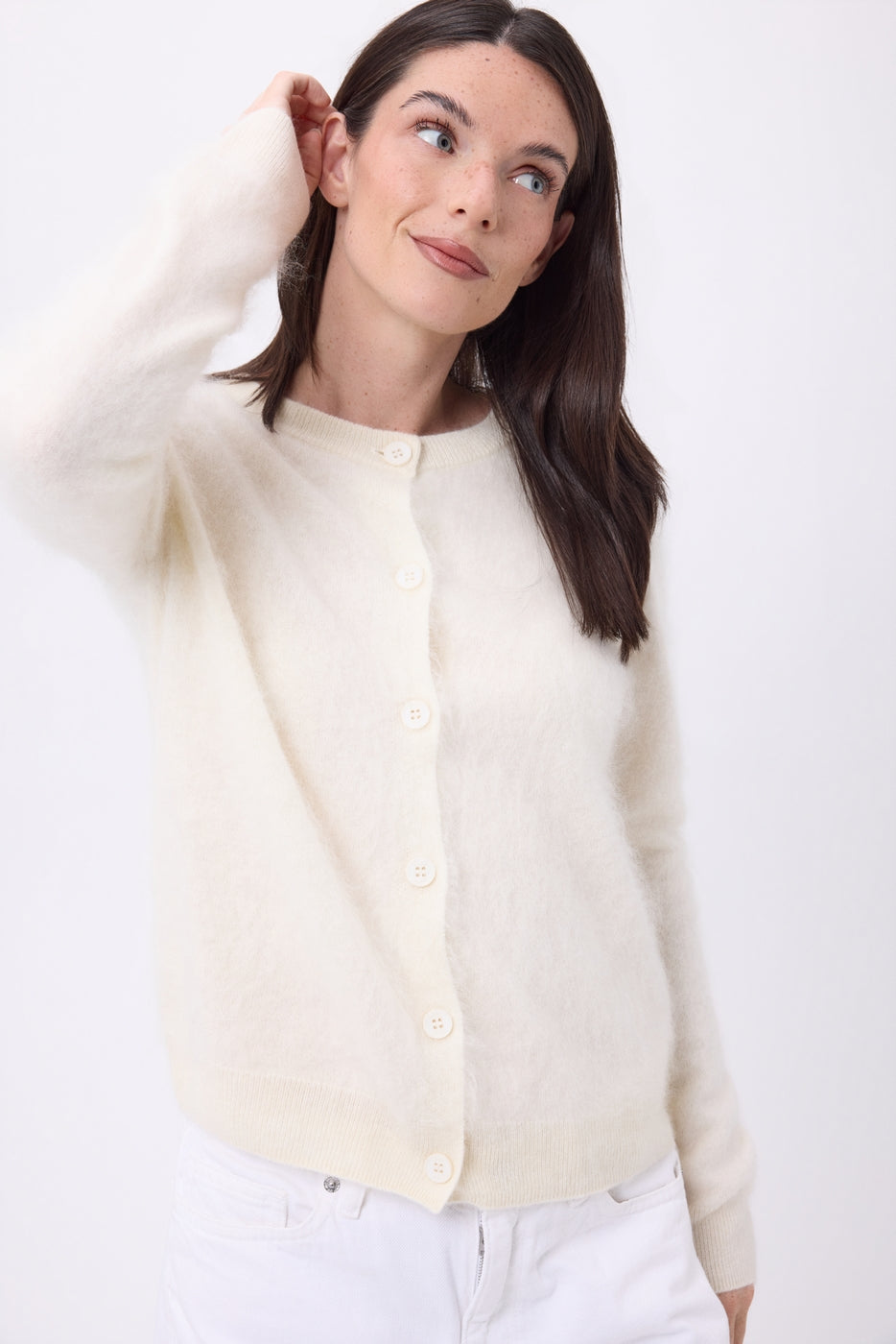 Cardigan girocollo – Cashmere spazzolato Atlas - Bianco eco - Donna - 100% cashmere spazzolato