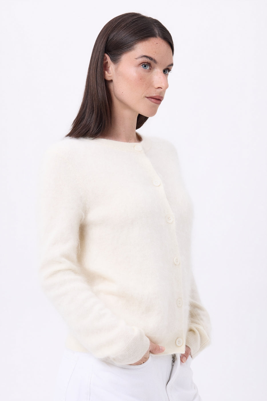 Cardigan girocollo – Cashmere spazzolato Atlas - Bianco eco - Donna - 100% cashmere spazzolato