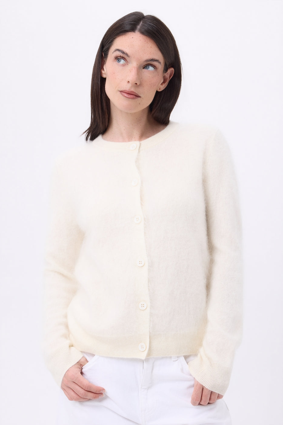 Cardigan girocollo – Cashmere spazzolato Atlas - Bianco eco - Donna - 100% cashmere spazzolato