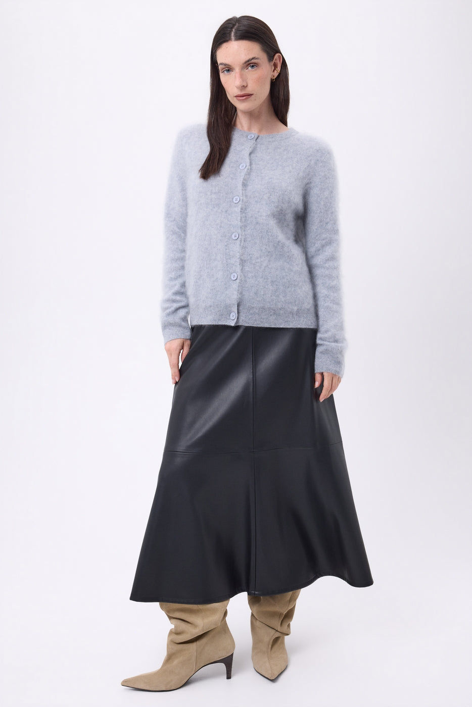 Cardigan Col Rond – Cachemire Brossé Atlas - Gris Clair - Femme - 100% Cachemire Brosse