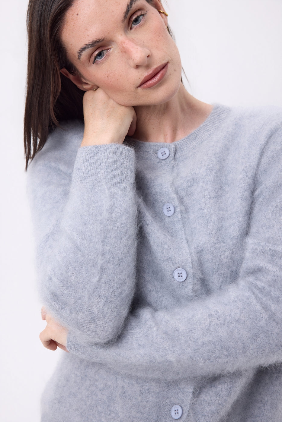 Cardigan Col Rond – Cachemire Brossé Atlas - Gris Clair - Femme - 100% Cachemire Brosse