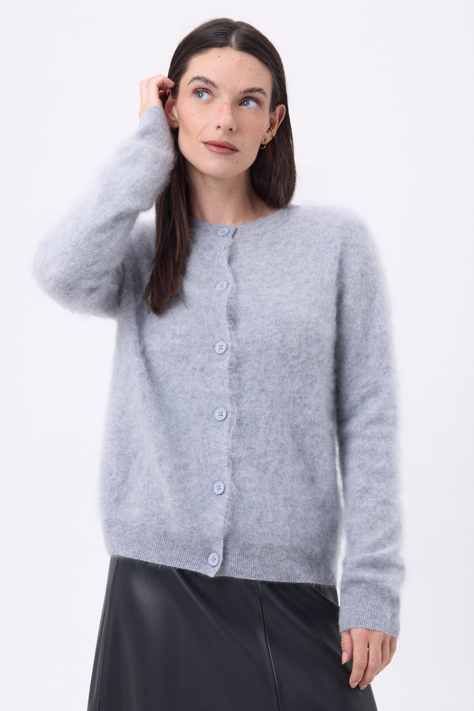 Cardigan Col Rond – Cachemire Brossé Atlas - Gris Clair - Femme - 100% Cachemire Brosse