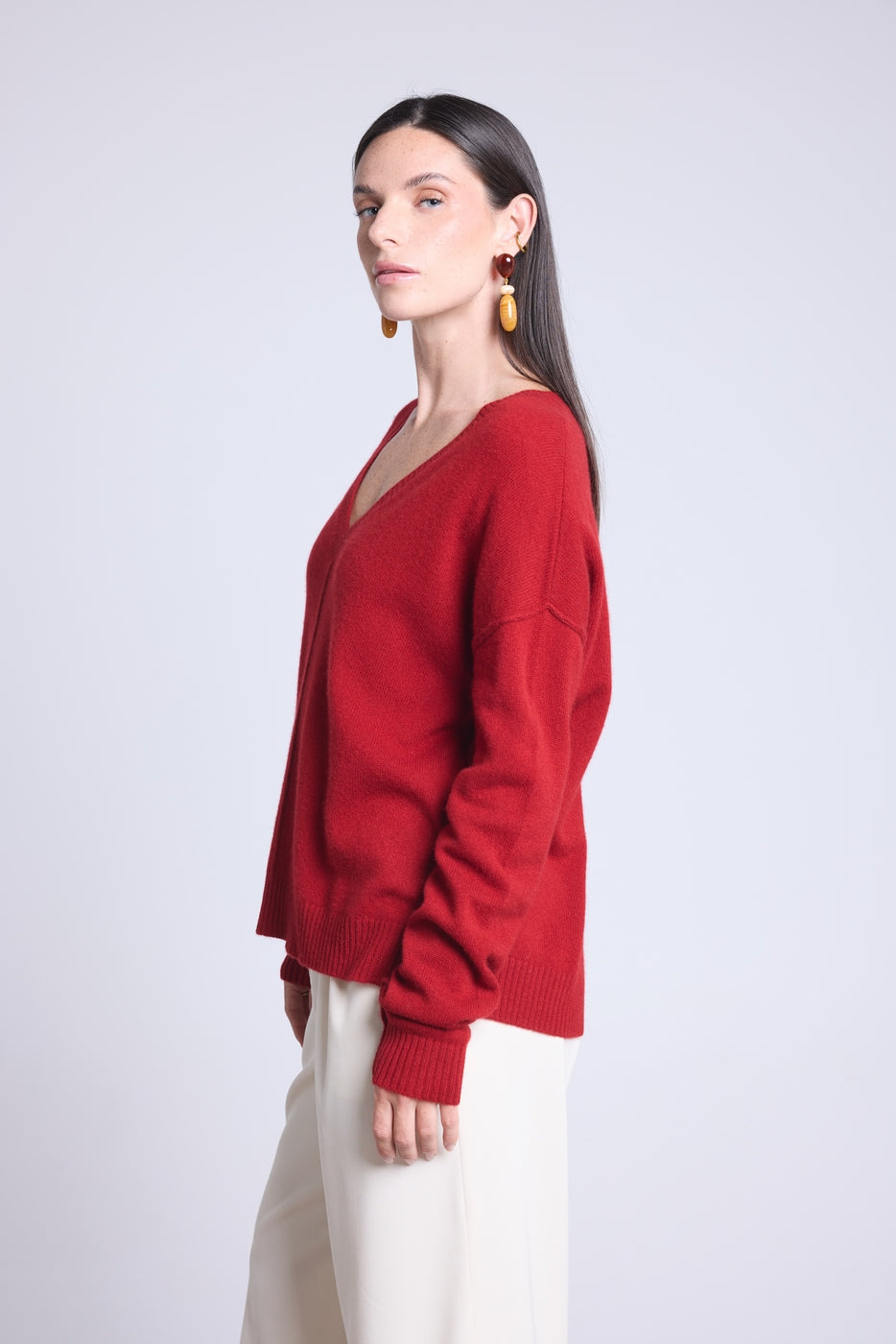 Oversized trui met V-hals en deelnaden Aura - Bordeauxrood - Dames - 100% Kasjmier