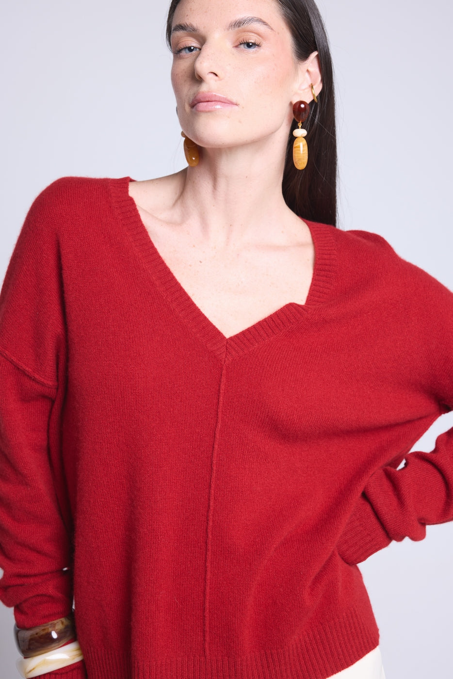 Oversized trui met V-hals en deelnaden Aura - Bordeauxrood - Dames - 100% Kasjmier