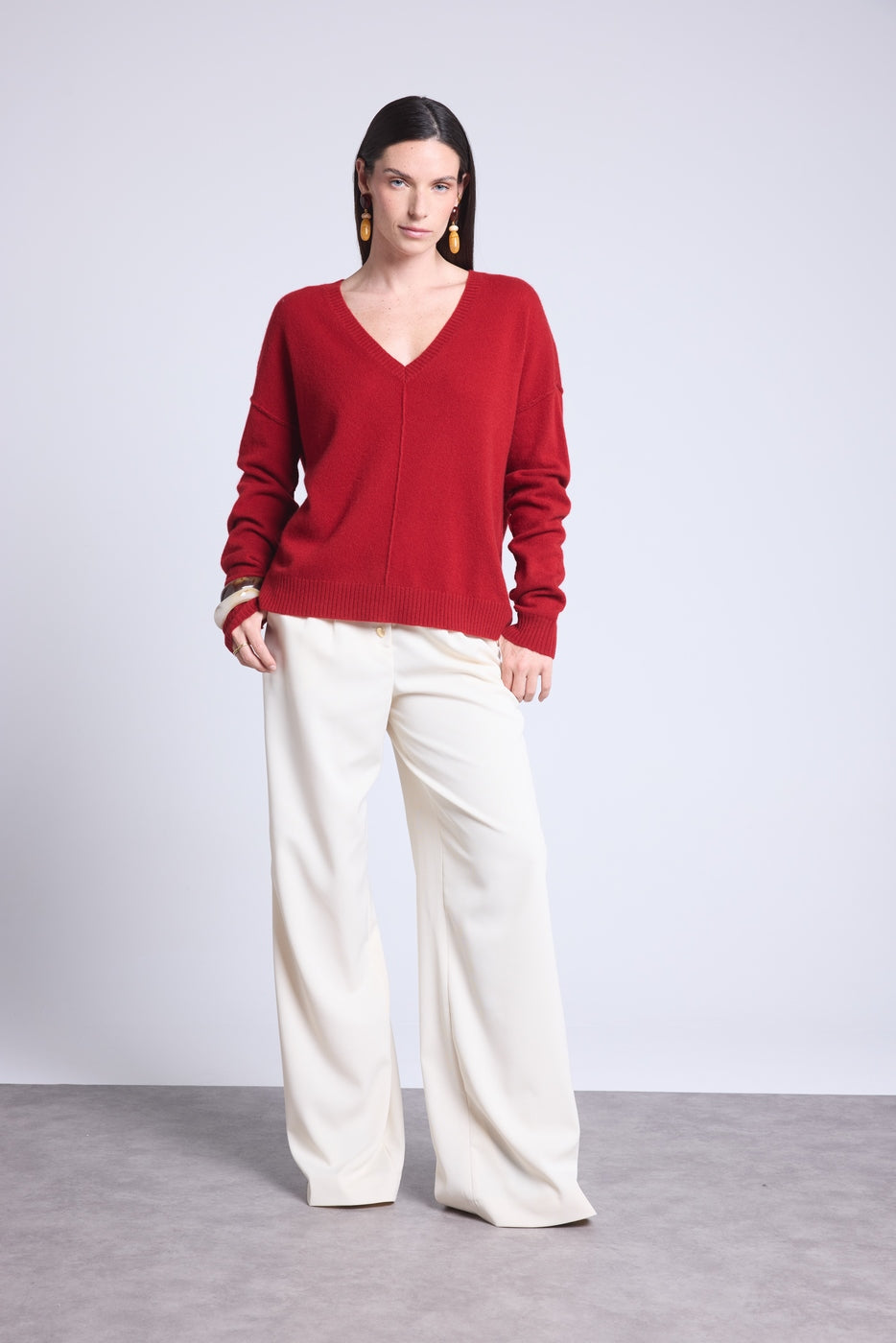 Jersey extragrande con cuello de pico y costuras Aura - Rojo burdeos - Mujer