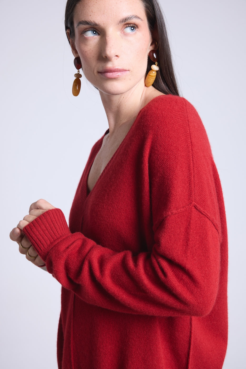 Oversized trui met V-hals en deelnaden Aura - Bordeauxrood - Dames - 100% Kasjmier