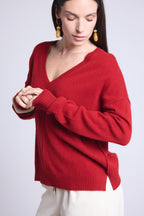 Oversized trui met V-hals en deelnaden Aura - Bordeauxrood - Dames - 100% Kasjmier