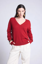 Oversized trui met V-hals en deelnaden Aura - Bordeauxrood - Dames - 100% Kasjmier