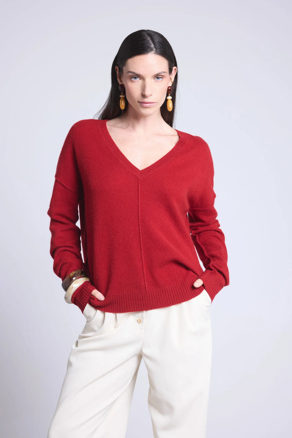 Aura Stitching Oversized V-Neck Sweater - Burgundy Red - Women