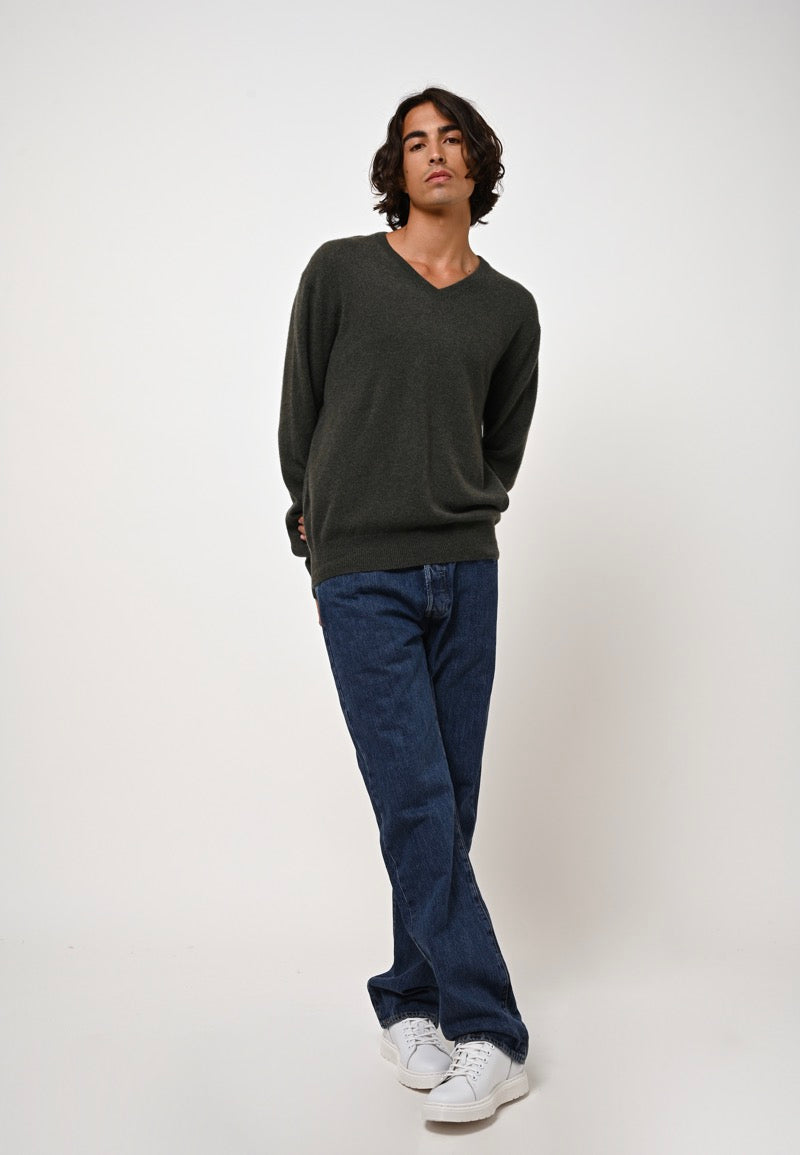 V-Neck Jumper - Agel - Marl Khaki