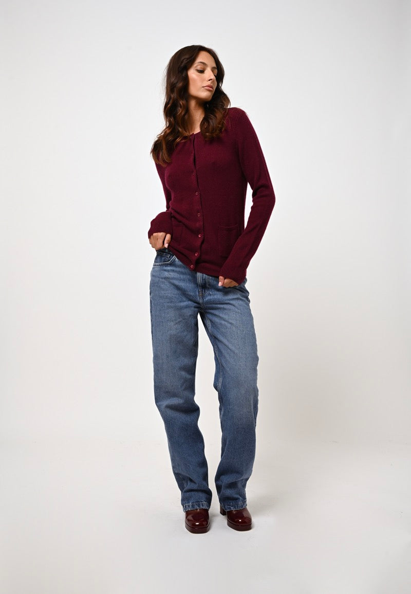 Round Neck Cardigan - Caron - Burgundy