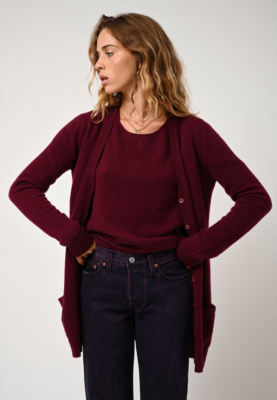 Sweter z dekoltem w łódkę Lanfon – Bordowy – 100% kaszmir 2-wątkowy