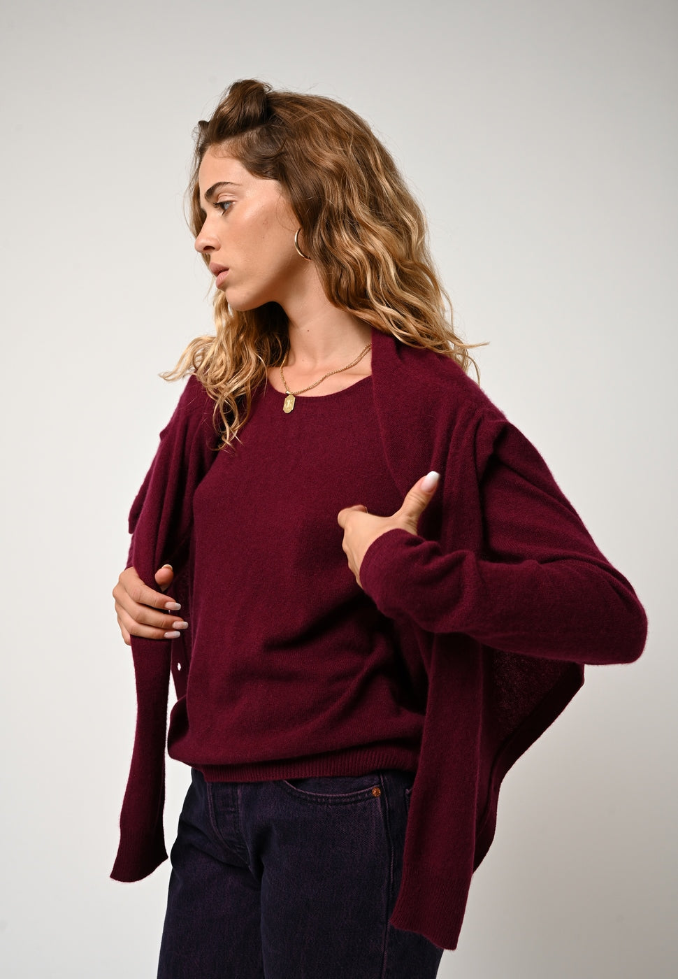 Sweter z dekoltem w łódkę Lanfon – Bordowy – 100% kaszmir 2-wątkowy