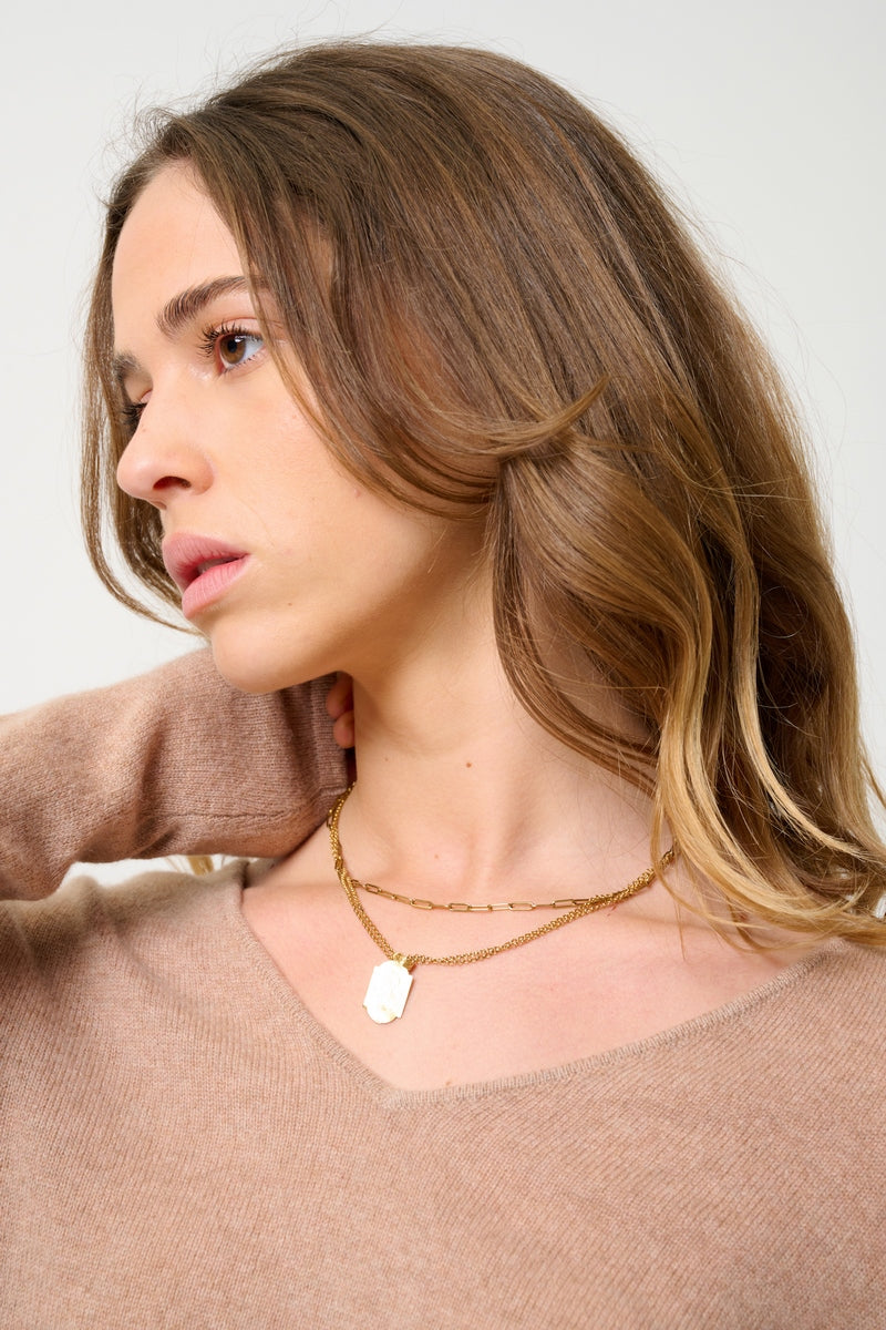 V-Neck Jumper - Galise - Camel Marl