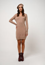 Jurk met V-hals - Capelet - Gemêleerd camel
