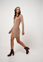 Jurk met V-hals - Capelet - Gemêleerd camel