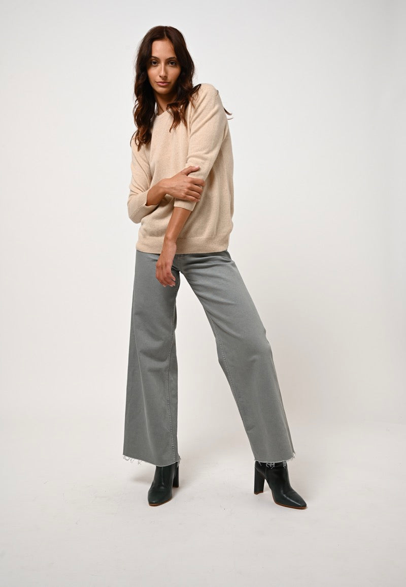 Pull Col Rond Boutonné Dos Estaris - Sable - 100% Cachemire 2 Fils