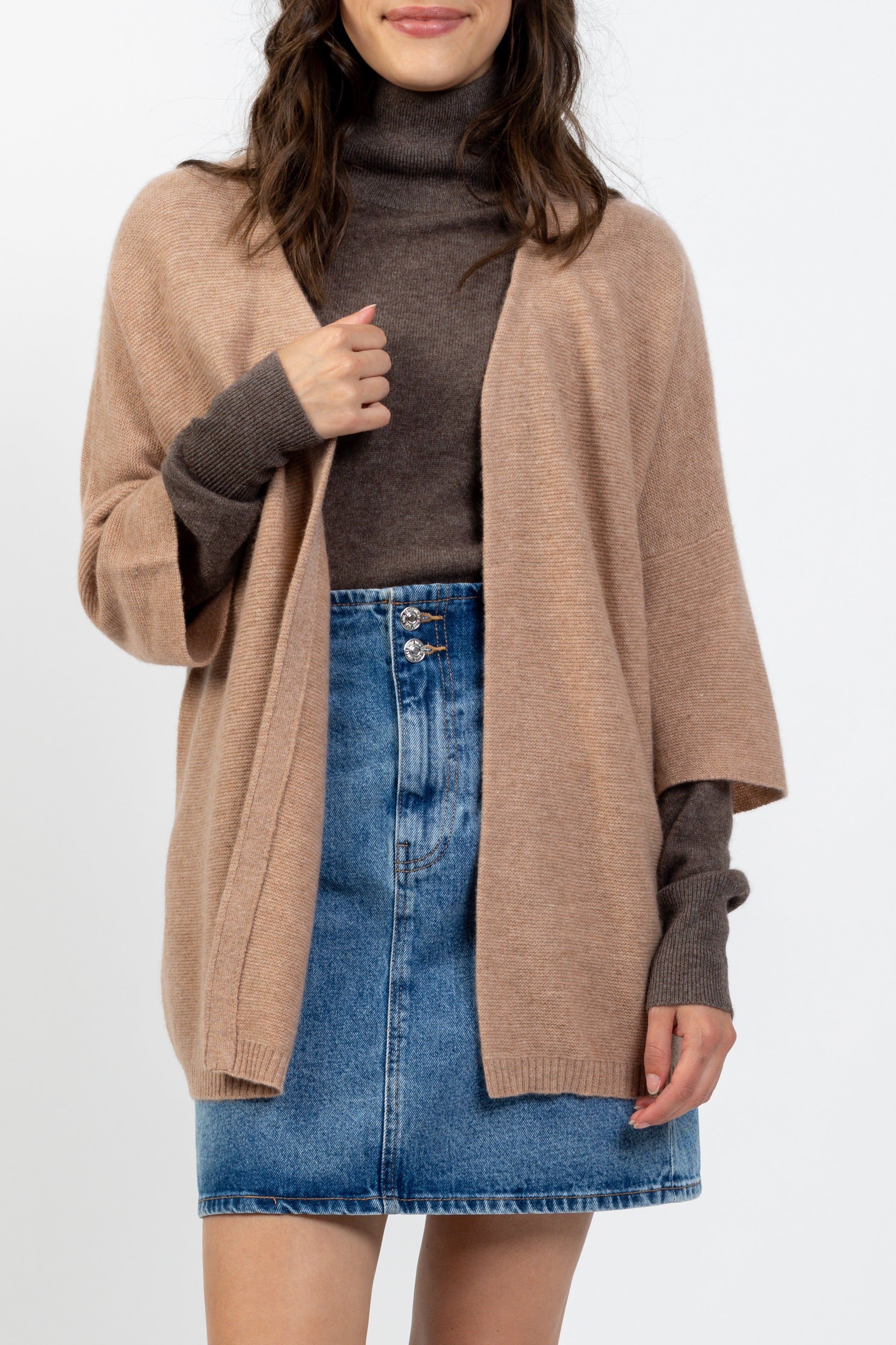 Open V-Neck 3/4 Sleeve Cardigan Mendip - Camel Marl - 100% 2-Ply Cashmere - Jersey - Women