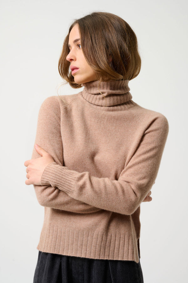 Cassy Turtleneck Sweater - Heather Camel - 100% 2-Ply Cashmere - Jersey - Women
