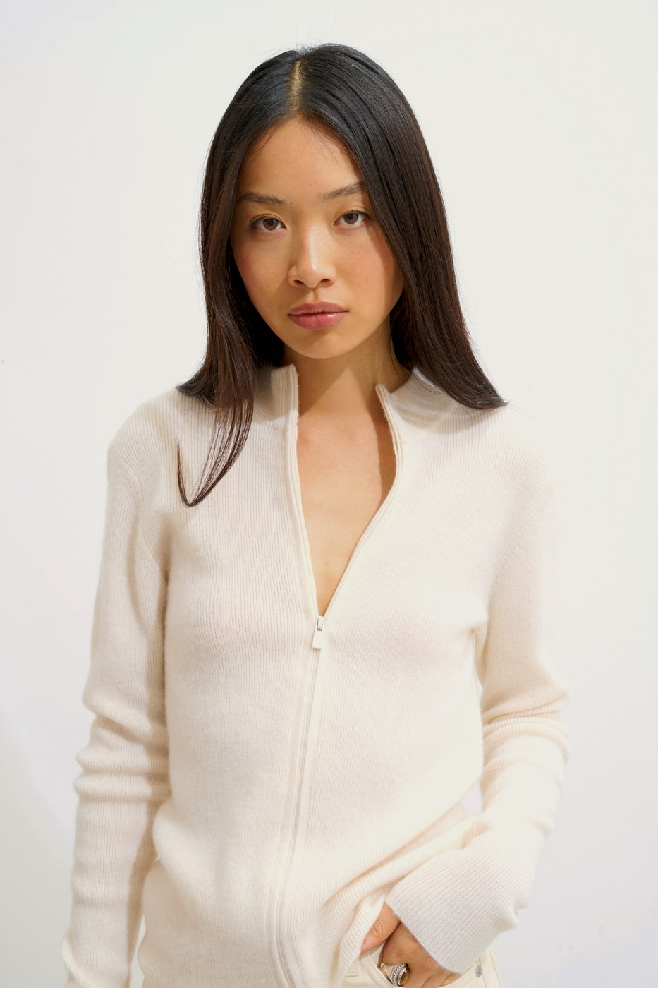 Zipped High-Neck Cardigan - Alberte - Snow