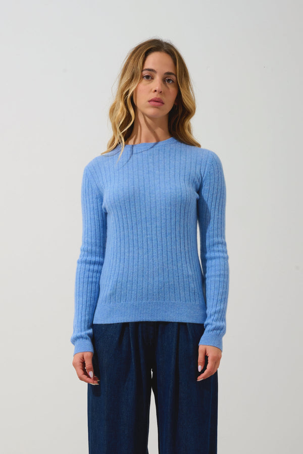 Bella Round Neck Sweater - Sky - 100% 2 Yarn Cashmere - Women