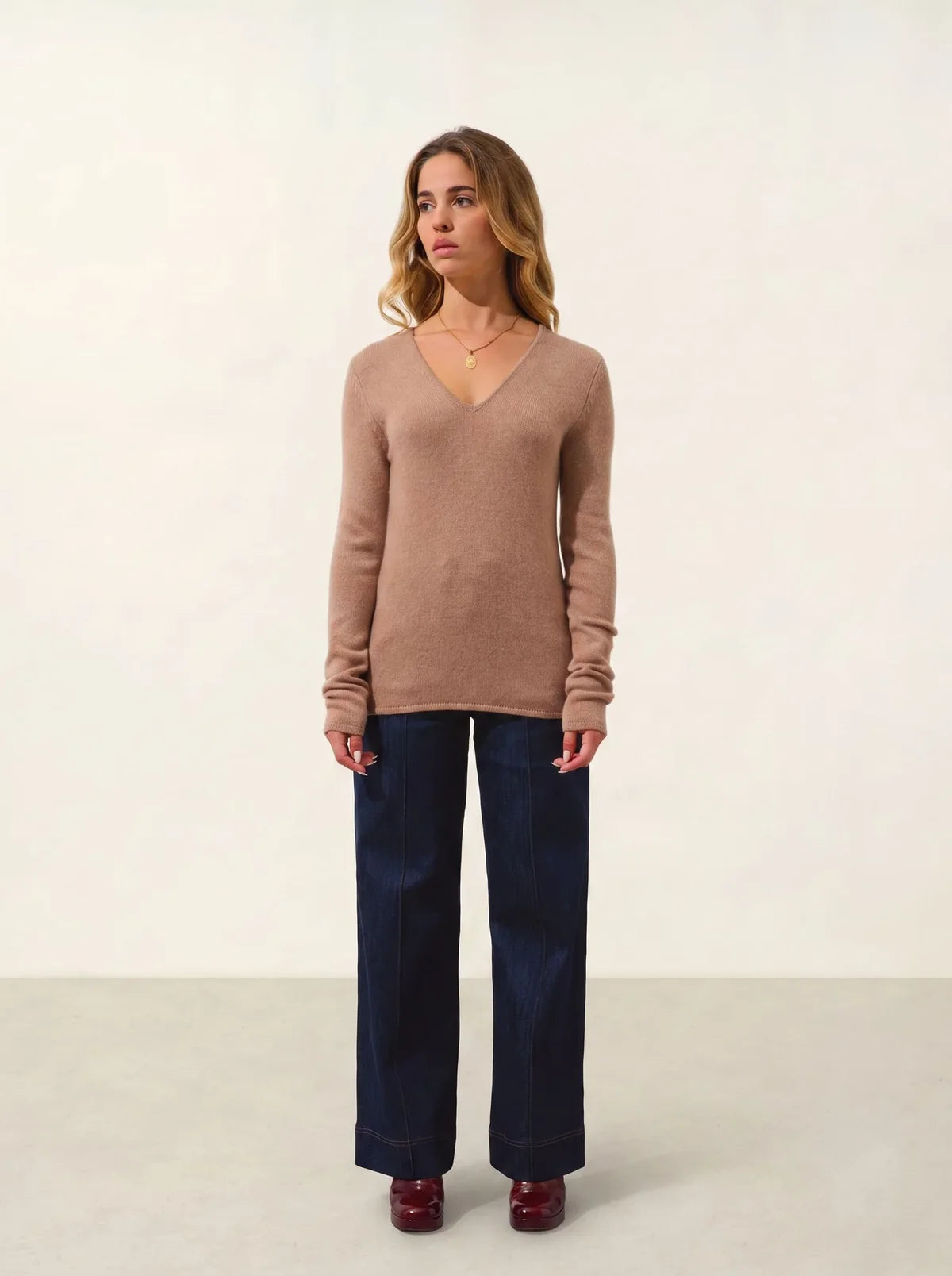 Maglione con scollo a V a 4 fili - Chelsea - Camel Mélange