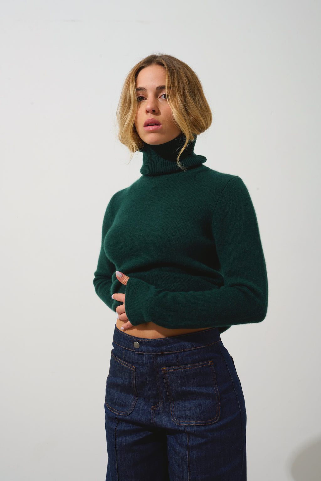 Authentic Cashmere - Roll Neck Jumper 4-Ply Linda - Cypress - 100% 4-Ply Cashmere - Women