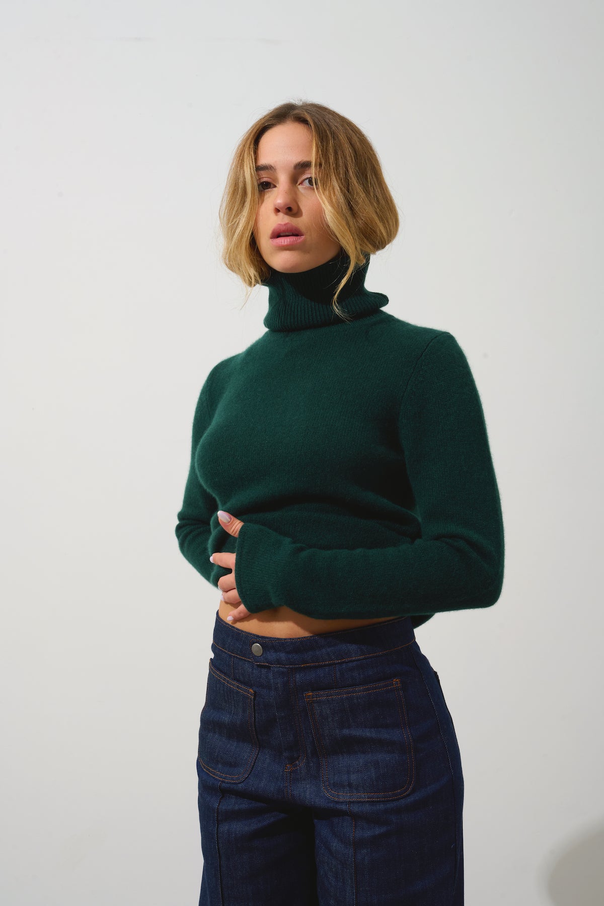Authentic Cashmere - Roll Neck Jumper 4-Ply Linda - Cypress - 100% 4-Ply Cashmere - Women