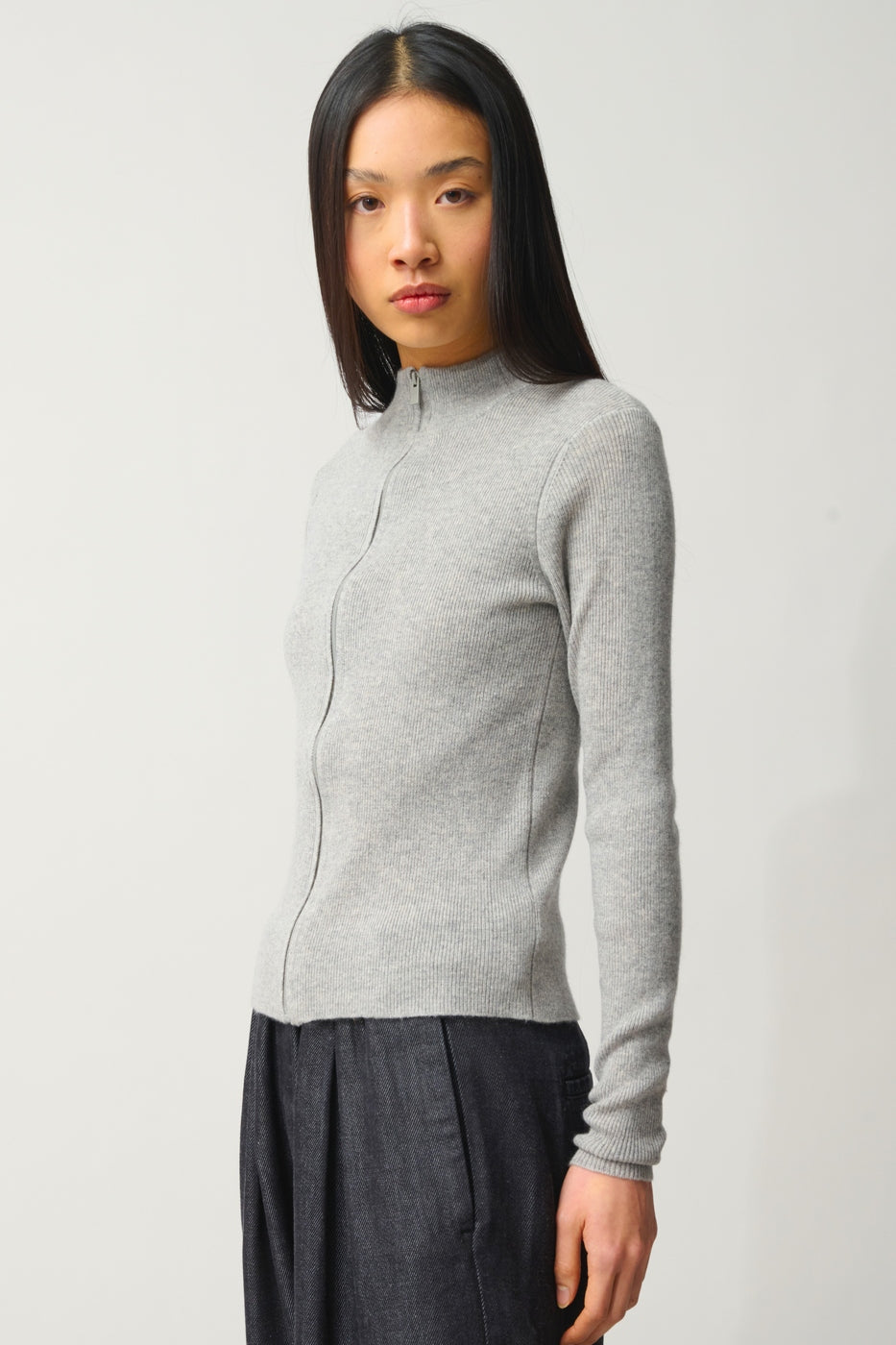 Zip-Up Stand Collar Cardigan - Alberte - Grey Marl